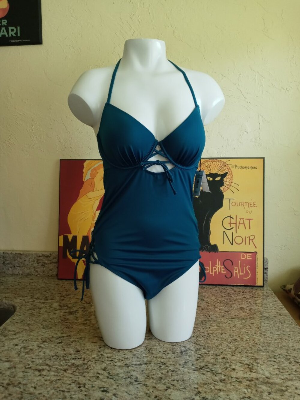 Shade & Shore One Piece Swimsuit Lace Up Sides Teal Blue 36B